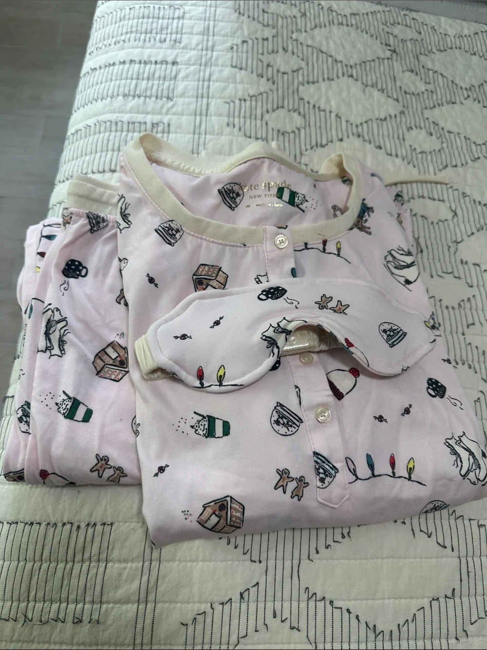 Kate Spade Pink Holiday Print Pajama Set and Eye Mask